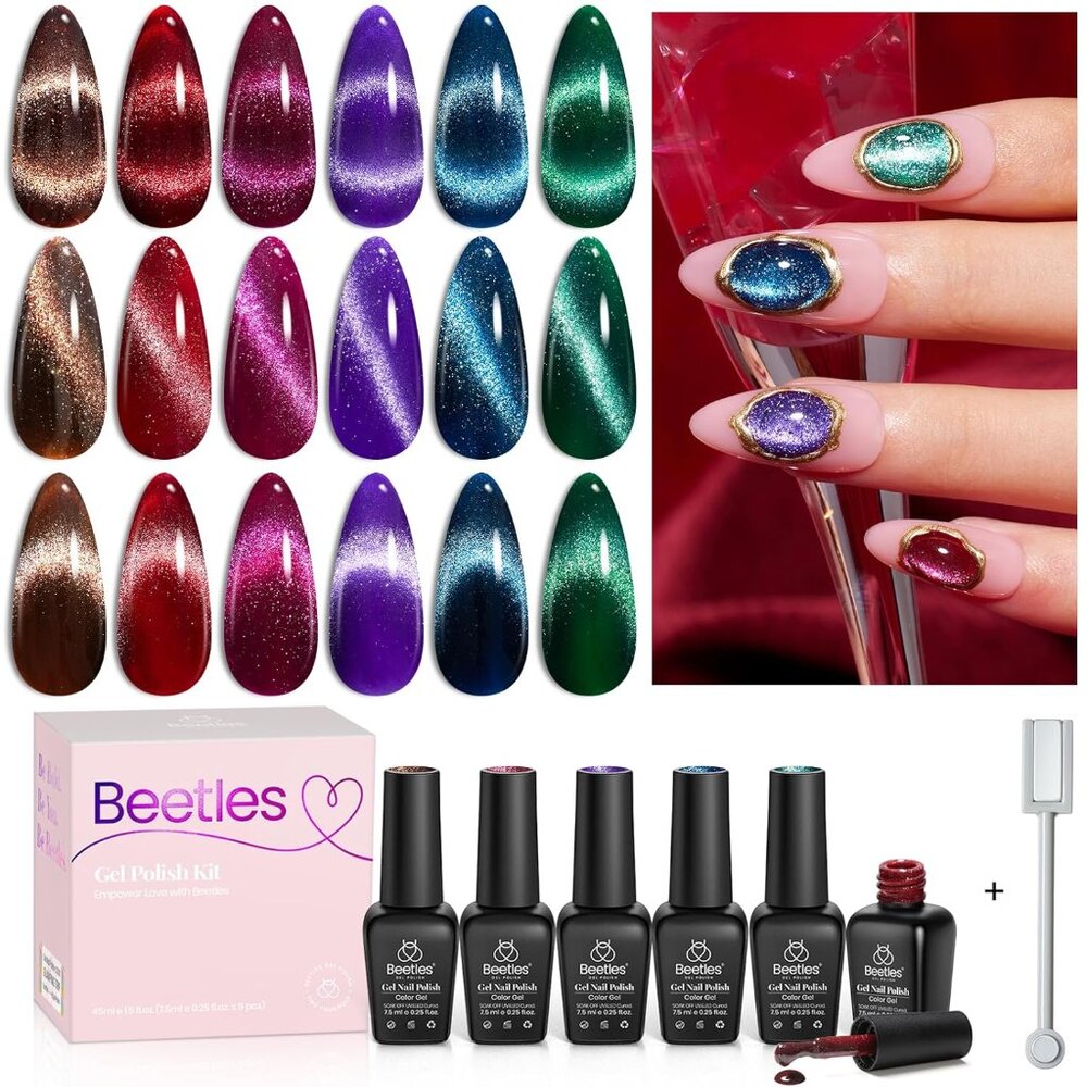 Beetles Cat Eye Gel Nail Polish Set, 6 Colors Christmas Gel Polish Kit Glitter R